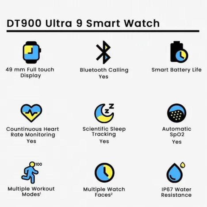 DT 900 7 In 1 Strap Ultra 9 Smart Watch - 49MM Dial - Full Touch Display - 7 Different Strap